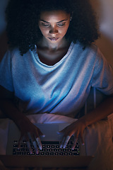 Image showing Bed, night and woman with a laptop, insomnia and connection with typing, streaming movies and blue light. Female person, bedroom or girl with a pc, internet film and awake with depression or evening