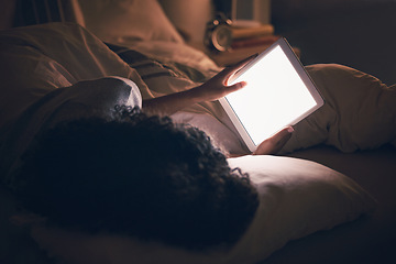 Image showing Woman, tablet and bed in night with blank blank, reading and typing for contact, chat or social media app. Girl, digital touchscreen and mockup space with empty ux, scroll or watch video in dark home