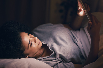 Image showing Light, night and phone with woman in bedroom for social media app, insomnia and networking. Communication, contact and internet with female person in bed at home for mobile, online and technology