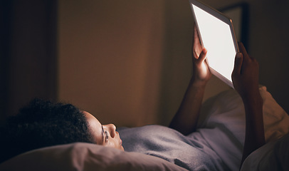 Image showing Woman, tablet and bedroom in night on blank screen, reading or typing for contact, chat and social media app. Girl, digital touchscreen and mockup space with empty ux, scroll and watch movie in dark