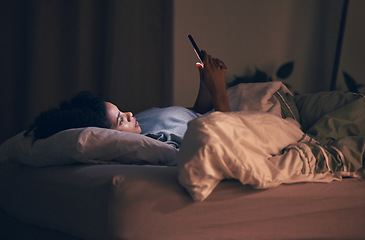 Image showing Online, night and phone with woman in bedroom for social media app, insomnia and networking. Communication, contact and internet with female person in bed at home for mobile, search and technology