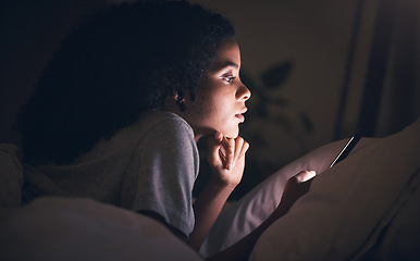 Image showing Woman, cellphone and bed in night, reading or texting for chat, blog or social media post in apartment. Girl, smartphone and thinking in dark bedroom for online search, games or video on web in house