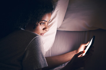 Image showing Insomnia, night and phone with woman in bedroom for social media app, streaming and networking. Communication, contact and internet with female person in bed at home for mobile, online and technology