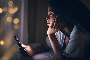 Image showing Thinking, night and phone with woman in bedroom for social media app, insomnia and networking. Communication, contact and internet with female person in bed at home for mobile, online and technology