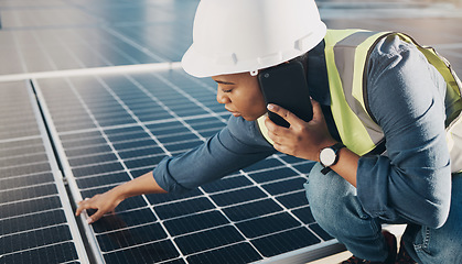 Image showing Phone call, solar panel and black woman maintenance conversation about photovoltaic plate, sustainability or inspection. Renewable energy, smartphone chat and female engineer check electricity cell