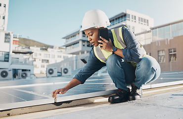 Image showing Black woman, rooftop solar panel or maintenance phone call about photovoltaic plate, sustainability or project. Eco friendly energy, cellphone conversation or female engineer talking about inspection