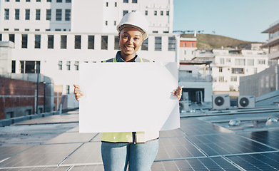 Image showing Black woman, architect and billboard on solar panel roof for advertising or construction plan in the city. Portrait of happy African female person, engineer or contractor holding sign, paper or board