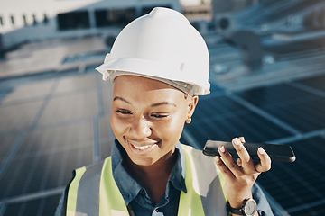Image showing Happy black woman, solar panel and speaker phone call for photovoltaic plate, sustainability or project voice note. Energy grid, cellphone or face of female engineer listening to eco friendly advice