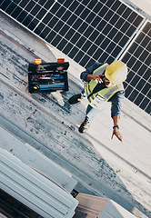 Image showing Phone call, air conditioner and maintenance person pointing HVAC machine, heat pump or roof inspection of aircon. Electrician top view, cellphone and rooftop technician talk about AC repair service