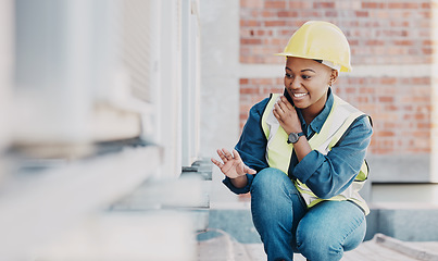 Image showing Happy phone call, air conditioner or maintenance black woman chat about HVAC machine, heat pump or aircon inspection. Construction worker, cellphone or rooftop technician person for AC repair service