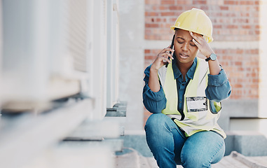 Image showing Phone call, headache or maintenance black woman stress for HVAC machine error, heat pump fail or aircon service mistake. Construction worker, mobile or female technician with burnout, migraine or sad