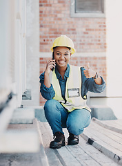 Image showing Phone call, portrait black woman, construction worker and thumbs up for HVAC machine, heat pump or AC repair service. Feedback, cellphone or rooftop technician person vote, aircon success or approval