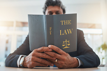 Image showing Lawyer, attorney hands and reading book for legal information, knowledge and business research, compliance or rules. Textbook, judge and professional person, professor or senior man study for justice