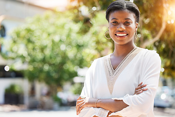 Image showing Smile, business and arms crossed with portrait of black woman in city for pride, confidence or entrepreneur. Creative, manager and urban with face of person in outdoors for expert, mission and career