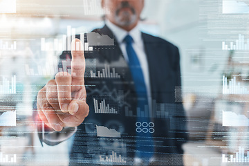 Image showing Hands, screen hologram and man for data analytics, financial digital system or business tech in stock market. Trading, software overlay and professional person or trader press monitor for statistics