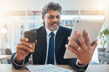 Image showing Business man, tablet and work from home coffee for financial planning, stock market research and accountant energy. Productivity, drink and accountant or senior person trading on digital technology