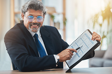 Image showing Document, accounting and business man in office portrait for consultation, budget advice or asset management. POV meeting of financial advisor, accountant or professional senior man for paper invoice