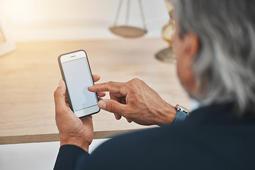Image showing Businessman, hands and phone mockup for communication, networking or browsing at office. Senior man or CEO typing on mobile smartphone display or screen for app, online research or chat at workplace