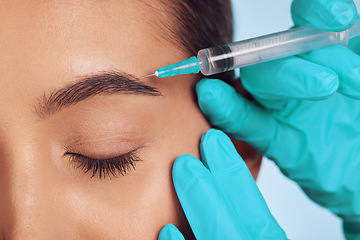 Image showing Closeup, injection and beauty, skincare and eyebrow lift cosmetic surgery, doctor hands and client. Skin, antiaging and dermatology, woman and medical procedure with needle and liquid collagen serum
