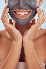 Image showing Face mask, skincare and woman with dermatology, closeup and girl on a blue studio background. Zoom, female person and model with cosmetics, glow and aesthetic with hydration, charcoal and self care