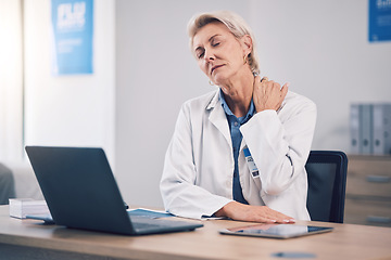 Image showing Stress, woman and medical doctor with neck pain in office for muscle pressure, joint injury and overworked. Tired, burnout and mature healthcare employee with fatigue, tension and exhausted problems