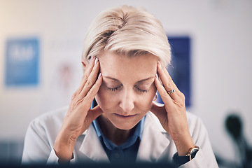 Image showing Headache, face of doctor and stress of woman in medical office in burnout, mental health problem and pain. Frustrated, tired and confused healthcare worker with fatigue, doubt and anxiety of mistake