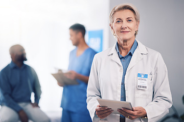 Image showing Tablet, woman and portrait of doctor for healthcare services, management and working in busy hospital. Mature medical professional on digital technology for clinic research, consulting and planning