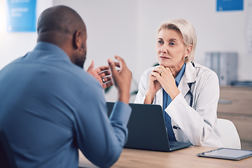 Image showing Woman, doctor and listening to man in consultation for healthcare advice at clinic. Mature medical professional consulting with patient for support, wellness services and communication in hospital