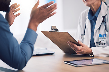 Image showing Hands, doctor and clipboard for patient consultation, healthcare advice and clinic services. Closeup of medical therapist consulting client with documents for analysis report, test results and script