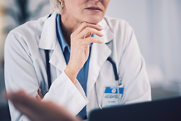 Image showing Woman, doctor and listening to patient in clinic consultation for healthcare advice. Closeup of medical professional consulting with client for support, wellness service and communication of results