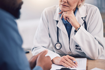 Image showing Woman, doctor and listening to patient with notes for consultation, healthcare advice or clinic services. Closeup of medical therapist consulting client for surgery support, test results and feedback