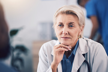 Image showing Face of mature woman, doctor and listening in consultation for healthcare support, communication and clinic services. Serious medical therapist consulting patient in hospital for feedback in surgery