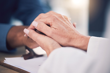 Image showing Cancer, empathy and doctor holding hands of patient for care, kindness and hope. Comfort, medical professional and person consulting for wellness, healthcare and help, therapy and support in hospital