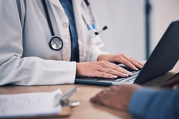 Image showing Hands, doctor and laptop in clinic for patient consultation, healthcare advice and services. Closeup of medical therapist consulting with computer for online report, test analysis and web information