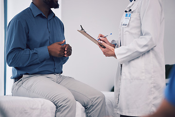 Image showing Doctor, hands and writing with patient on clipboard for checkup, diagnosis or prescription at hospital. Medical or healthcare professional in consultation with customer, documents or life insurance