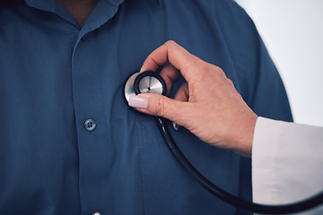 Image showing Stethoscope, closeup and hands of doctor test breathe of patient due for surgery exam and chest treatment. Healthcare, medicine and medical professional help or consulting a person with lung problem