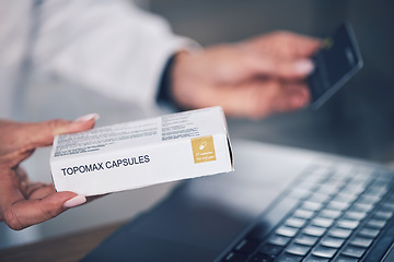 Image showing Doctor, hands and box with credit card for payment, medication or tablets at pharmacy or hospital. Closeup of woman, pharmacist or medical expert with pills, debit and pharmaceuticals for transaction