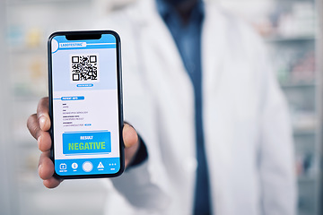 Image showing Doctor, hands and phone with QR code in healthcare results, advertising or screening at pharmacy. Closeup of person, pharmacist or medical expert and mobile smartphone app, monkeypox or negative test