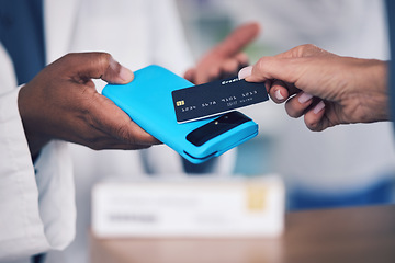 Image showing Pharmacist, hands and credit card on pos for payment, medication or buying healthcare product at pharmacy. Closeup of customer making purchase or transaction for pharmaceutical drugs or pills at shop