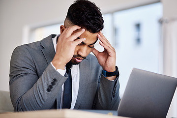 Image showing Stress, laptop and headache with business man in office for anxiety, tax and burnout. Mental health, glitch and tired with lawyer and legal research in law firm for frustrated, confused and fatigue