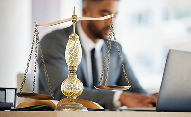 Image showing Lawyer, man and laptop with balance scale in office for consultation with research or client. Justice, attorney and tech for information for online agreement for auction with advocate legal contract.