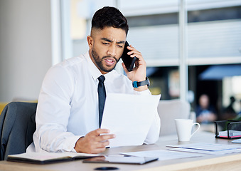 Image showing Corporate, phone call and man with paperwork, communication and serious with financial consultant, contact or talking. Male person, employee or broker with a smartphone, documents and conversation