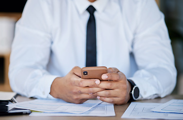 Image showing Phone, search and hands of business man in office for networking, documents and financial advisor. Technology, email and corporate with closeup of employee for website, paperwork and accounting