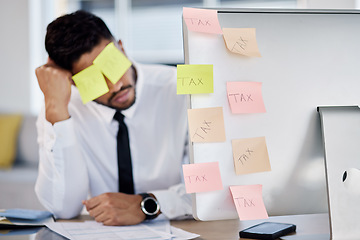 Image showing Stress, man and tax with sticky note on face with computer for accountant at company with debt. Work, tired and business man with online audit or burnout and frustrated with reminder or deadline