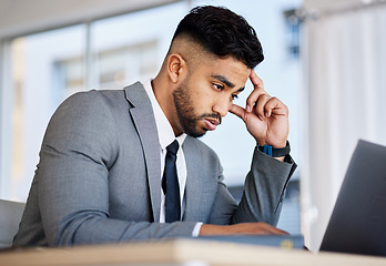 Image showing Stress, laptop and tired with business man in office for anxiety, 404 and burnout. Mental health, glitch and headache with employee and research in agency for frustrated, confused and fatigue