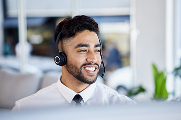 Image showing Telecom sales, telemarketing and man with customer service, talking and communication with headphones. Male person, consultant and happy employee with a headset, crm and call center with tech support