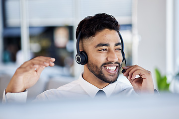 Image showing Call center, telemarketing and man with customer service, talking and communication with headphones. Male person, happy consultant and employee with a headset, crm and tech support with telecom sales