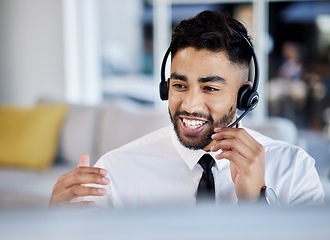 Image showing Call center, telemarketing and man with customer service, communication and crm with headphones. Male person, happy consultant or agent with a headset, professional or tech support with telecom sales