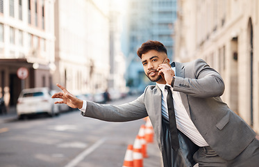 Image showing Business man, wave and taxi with phone call, transport and travel on smartphone, booking or city. Entrepreneur, cellphone and sign for driver, bus or transportation in metro street, cbd and outdoor