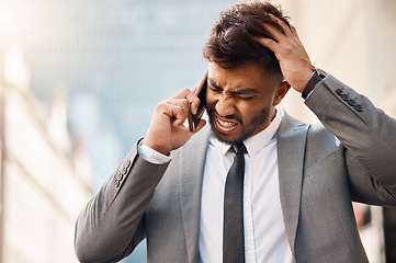 Image showing Phone call, angry lawyer and man in city with problem, fight or conflict in conversation. Stress, crisis or frustrated attorney with smartphone, chat or listen to contact for legal discussion outdoor